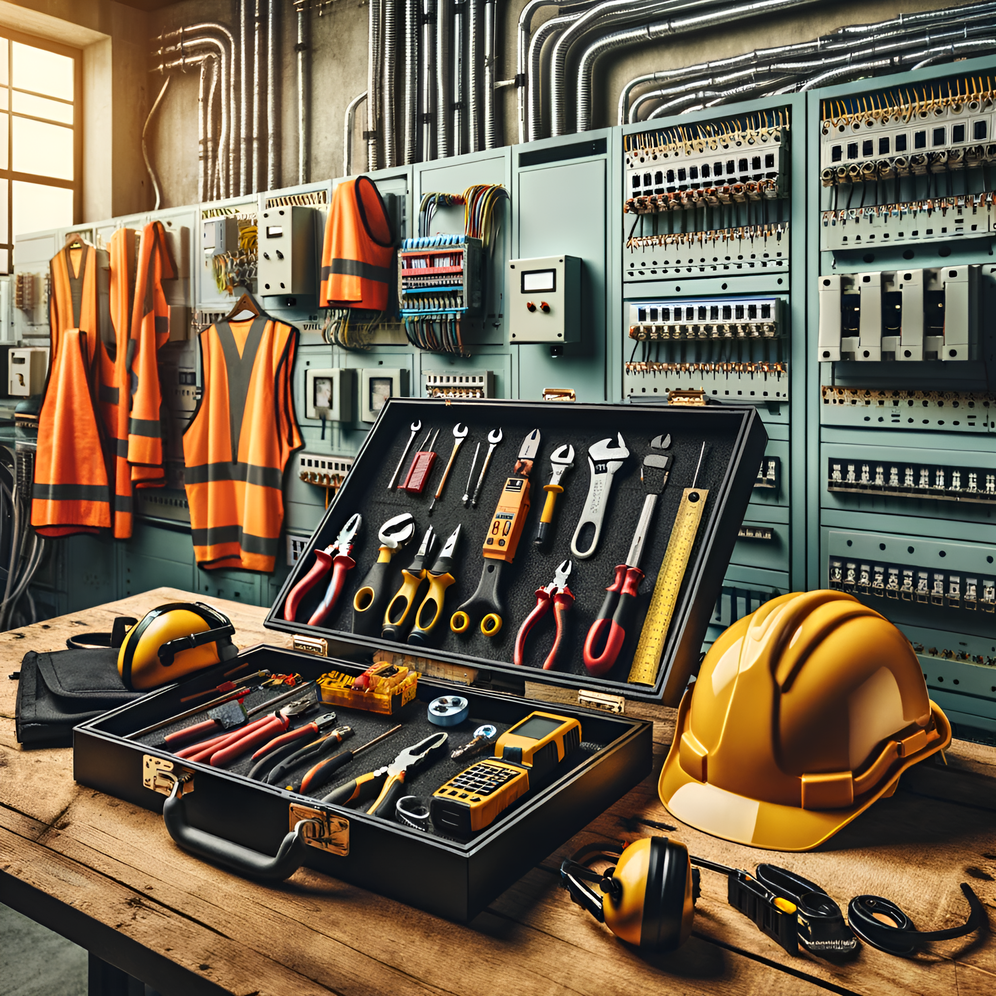 Electrical, Workspace, Blueprints, Tools, Safety Gear, Professional, Workbench, Electrical Panels, Expertise