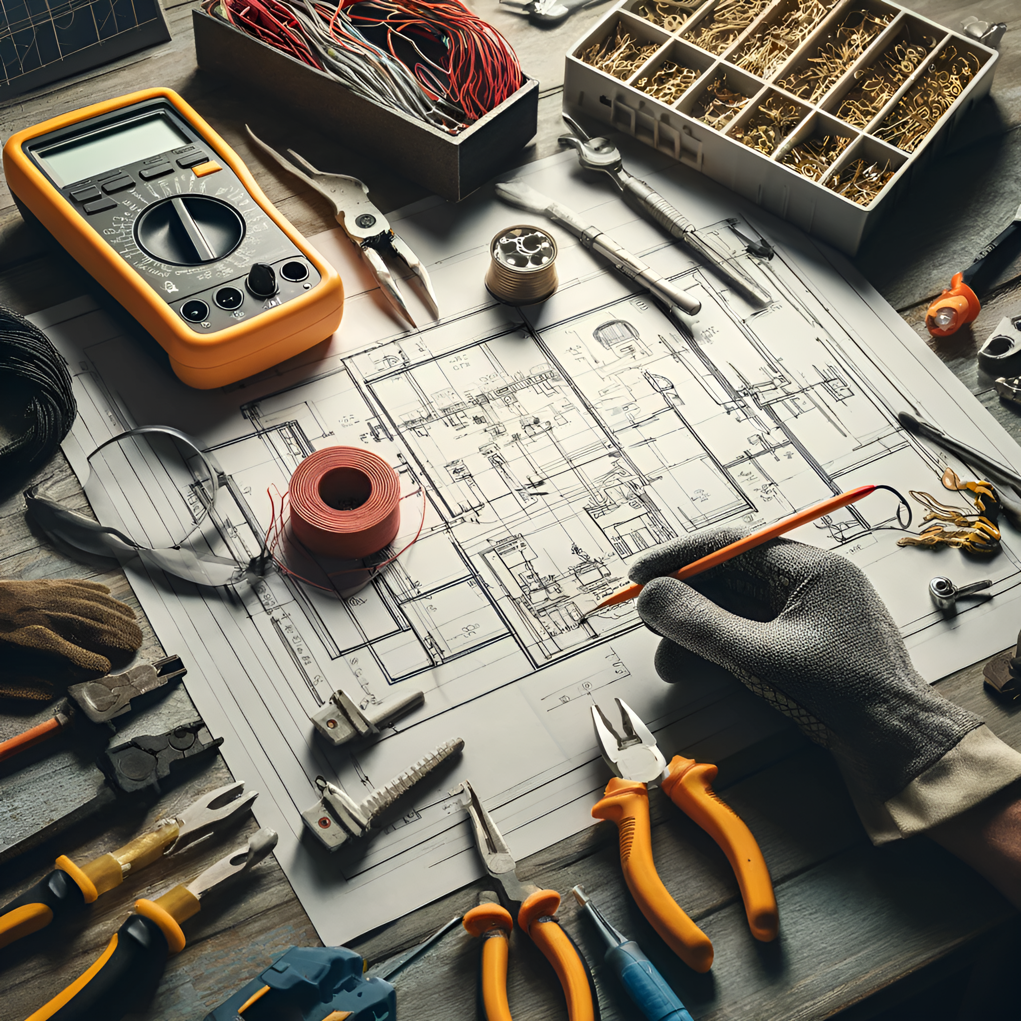 Electrical, Workspace, Blueprints, Tools, Safety Gear, Professional, Workbench, Electrical Panels, Expertise